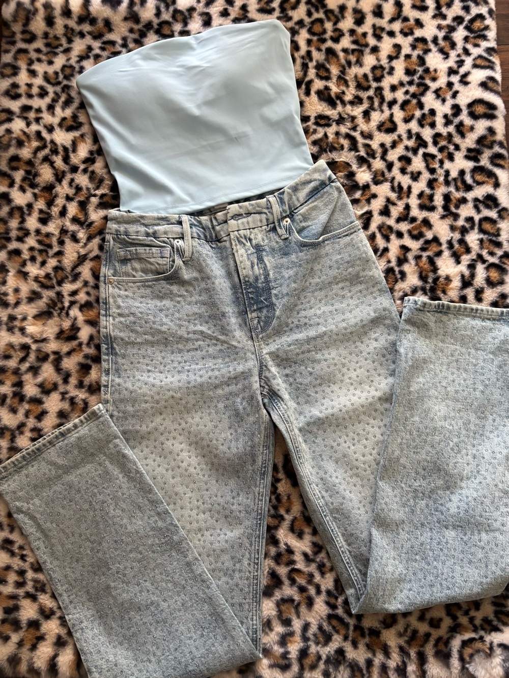 Good American Light Blue High-Rise Micro Rhinestone Dot Jeans